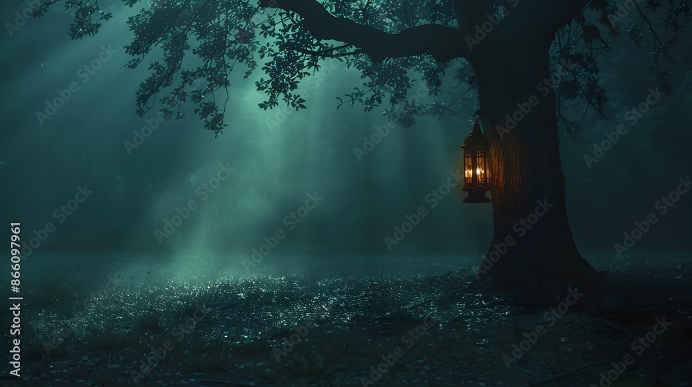 Poster Eerie Illumination   Lone Lantern Casting Shadows in Mysterious Dark Forest