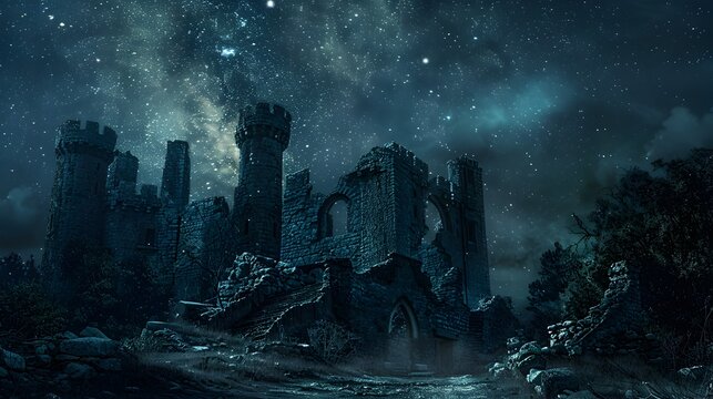 Eerie Ruins of an Old Castle Under a Starry Night Sky