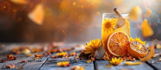 Lemonade with orange slices and dried chrysanthemum flowers on a wooden table, with a copy space image.