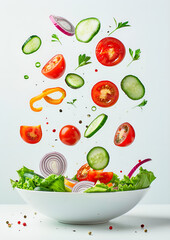 Naklejka premium Sliced vegetables falling into bowl with salad on white background