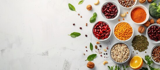 Assortment of nutritious organic superfoods like beans, nuts, fruit, and vegetables arranged on a white surface with space for text or images. Overhead shot capturing a stylish layout