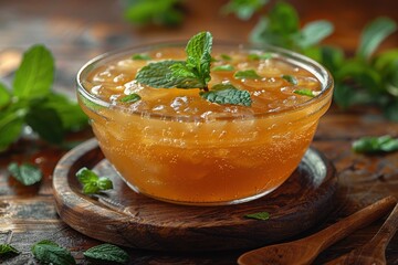 A bowl of kvass, a traditional Russian fermented beverage, served in a glass with a sprig of mint. 