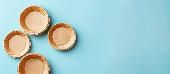 Biodegradable paper dishes on a blue backdrop with copy space image.