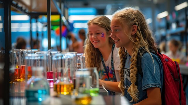 Bright back to school science fair with student projects displayed, interactive exhibits, and enthusiastic participants