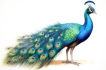 Obraz premium Indian peafowl spreading tail bird peacock drawing.