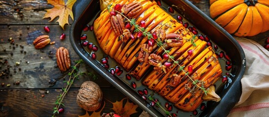 Thanksgiving dinner recipe featuring roasted hasselback butternut squash with thyme, pecan, and pomegranate, presented in a seasonal autumn setting, perfect for a vegan diet, with copy space image.