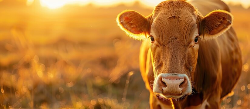 A stunning Simmental cow in a pasture, gazing at the camera in a captivating close-up with copy space image.