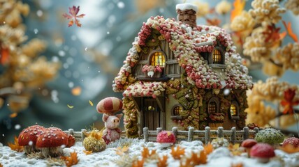 Fototapeta premium Whimsical gingerbread house nestled in a snowy autumn scene, perfect for Christmas or holiday greetings. Cozy, festive, fairytale vibes.