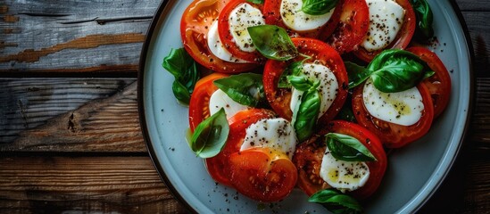 Top-down view of a plate displaying an Italian caprese salad on a dark wooden surface with room for text or other images in the frame. Copy space image. Place for adding text and design