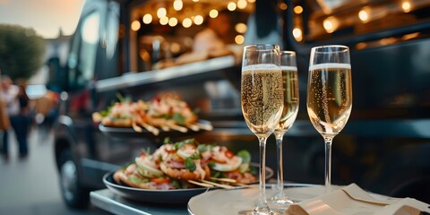 Fototapeta premium Upscale Food Truck Offering Appetizers and Champagne at Sophisticated Urban Wedding Venue. Concept Urban Wedding Venue, Upscale Food Truck, Appetizers, Champagne, Sophisticated Theme