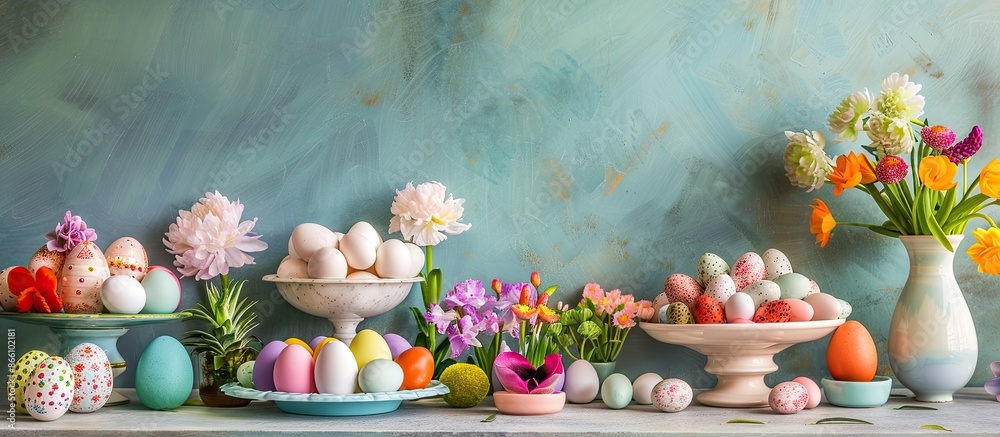 Wall mural Colorful Easter-themed table setting with various eggs on display, ideal as a spring religious festival backdrop or for any festive occasion involving eggs. Copy space image