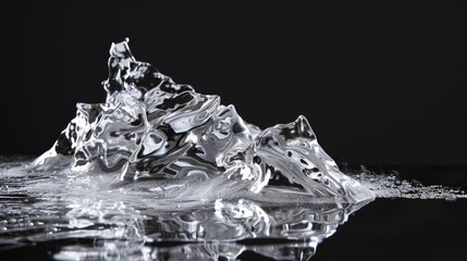 Melted ice sculpture on black background with reflection blank space