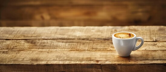 Espresso cup on a wooden table with copy space image available.