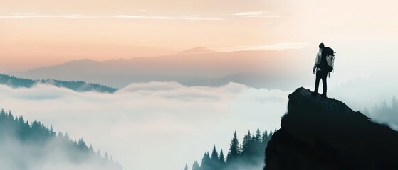 Silhouette of backpacking tourist in magical mist, fog-covered hills, thriving forest, mountain scene, representing abundance and longevity