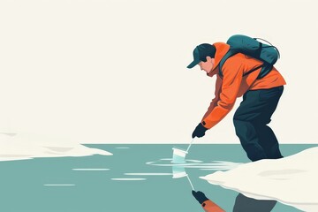 Obraz premium Environmental Biologist Collecting Water Samples - Minimalist 2D Flat Illustration Emphasizing Fieldwork Importance