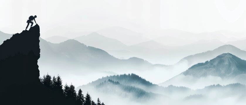 Silhouette of climber scaling an overhang, surrounded by mystical mist, foggy landscape, hills and forests, mountains in the background, abundance and longevity