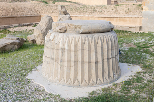 A column base from ruins of Apadana Palace in Persepolis (aka Takht-e Jamshid), a UNESCO World Heritage site located in northeast of Shiraz, Iran