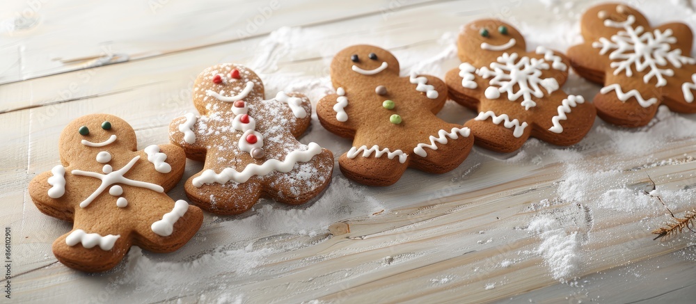 Wall mural Festively decorated Christmas gingerbread cookies on a copy space image.