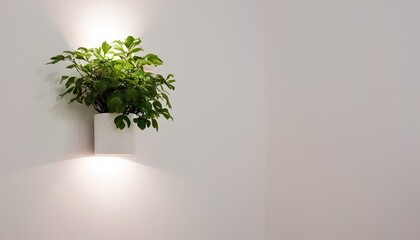 Obraz premium a potted plant on a table in front of a green wall with a light green wall behind it and a white vase with a green leafy plant in it.