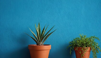 a potted plant on a table in front of a green wall with a light green wall behind it and a white vase with a green leafy plant in it.