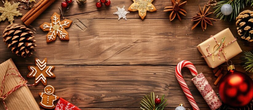 Festive letter to Santa with Christmas wishlist surrounded by decorations like paper snowflakes and a gingerbread man on a rustic wooden backdrop. Winter holiday theme with a bird's-eye view and
