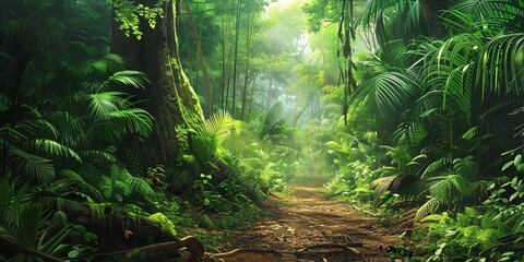 Tropical jungles of Southeast Asia Dense Jungle with Towering Trees and Lush Greenery