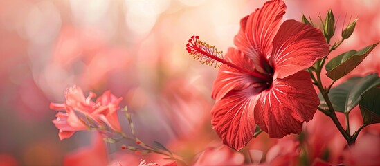 Fototapeta premium Close-up image showcasing a red hibiscus flower with a blurred background, featuring ample copy space.