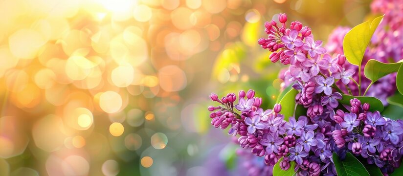 Northern European spring landscape featuring lilacs in bloom with copy space image.