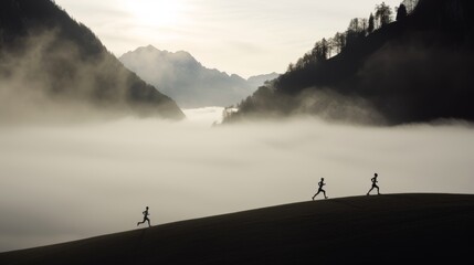 Silhouettes of youngs jogging through a magical misty landscape, dense fog, rolling hills, lush forest, trees, mountains in the background, symbolizing abundance and longevity