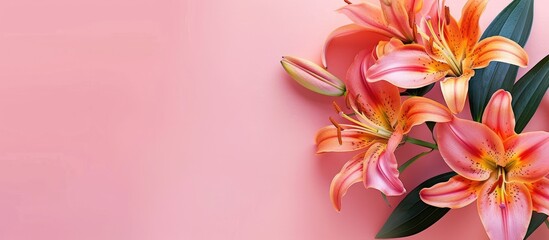 Colorful lily blooms on a pink backdrop with copy space image.
