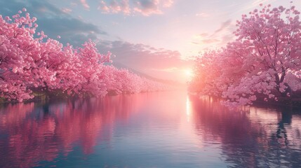 Aerial perspective of cherry blossom trees lining a river in Kyoto