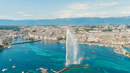 Geneva, Switzerland. Fountain Je-Deau. Large fountain jet up to 140 meters. The main attraction of Lake Geneva. Summer day, Aerial View