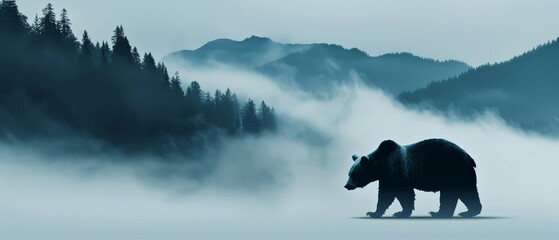 Bear silhouette in a foggy, mist-filled landscape, hills, mountains, and forest, magical ambiance, representing abundance and longevity
