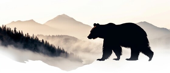 Bear silhouette in a wide foggy, mist-filled landscape, hills, mountains, and forest, magical ambiance, representing abundance and longevity