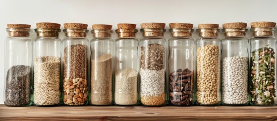 Glass jars filled with different raw cereals and grains embody the zero-waste ethos, promoting kitchen storages solutions for healthy eating with a copy space image.