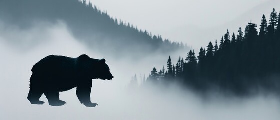Bear silhouette in an expansive foggy scene, misty hills, towering mountains, lush forest, ethereal atmosphere, symbolizing abundance and longevity