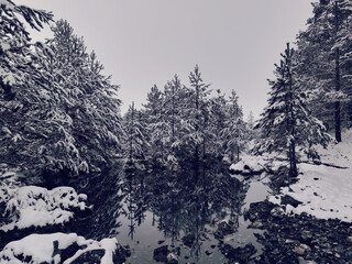 Amazing Cinematic Aerial View On Freezing River. Aerial View Flight Above Frozen Creek Scenic View Of Nature