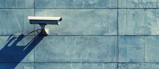A building wall with an external CCTV camera offers a background suitable for a copy space image.