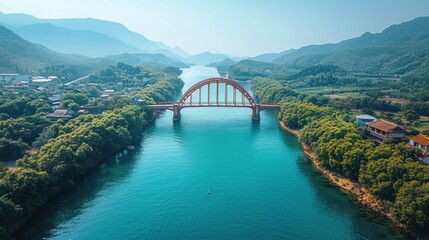 Drone perspective of the Kintai Bridge arching over the Nishiki River in Iwakuni
