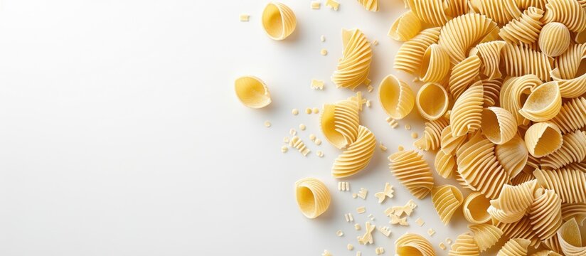 Top-down view of raw Italian pasta, Mezze Maniche Rigate, created using a bronze die, on a white background with a clipping path for a clean copy space image.