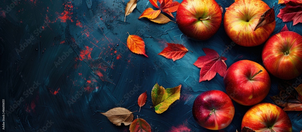 Poster colorful autumn leaves and apples create a vibrant autumn background with copy space image.