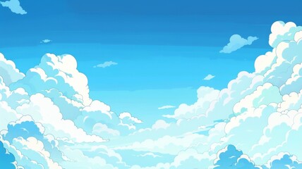Fototapeta premium Vibrant Anime Sky Background with Fluffy White Clouds and Blue Sky, perfect for animation and illustration