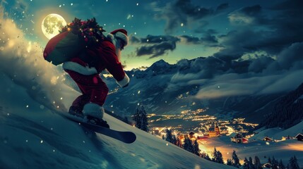 Santa Claus Snowboarding Down a Mountain at Night
