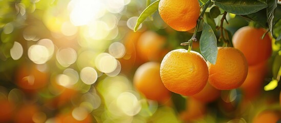 An orange plant in an orchard displays hanging oranges on a branch, capturing the essence of a Vitamin C-rich fruit, in a photo with selective focus on the fruit, providing ample copy space image.