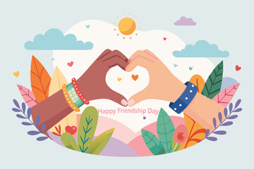 Naklejka premium Two hands holding each other, one brown skin and the second white skin with colorful bracelets on their fingers forming an X shape. 