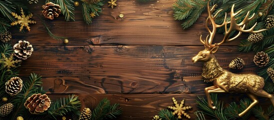 Obraz premium A festive Christmas scene with golden deer, greenery, pine cones on a wooden background for holiday celebrations. Includes a copy space image for seasonal greetings.