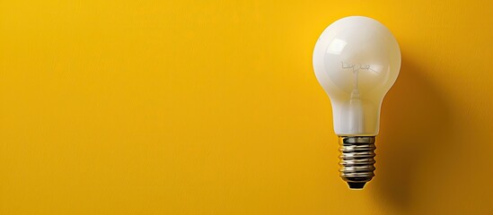 A white light bulb on a vibrant yellow backdrop with copy space image available.