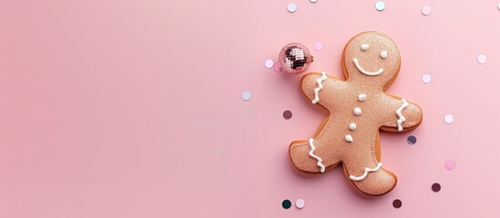 Fototapeta premium Flat lay design of a gingerbread man cookie adorned with a shiny disco ball on a soft pink backdrop, ideal for a copy space image.