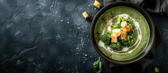 A top view of broccoli soup in a ceramic bowl with cream and bread croutons on a dark background, providing a space for additional image or text.