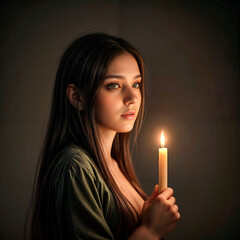 Light in the Darkness: Golden Glow, Candlelight Illuminates a Young Face